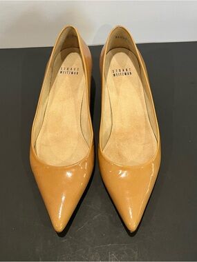 Stuart Weitzman Classic Tan Pointed Toe Patent Leather Women's Kitten Heels Pump